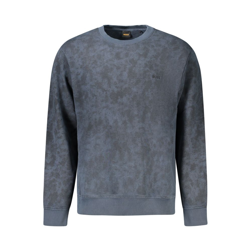 Hugo Boss Blue Cotton Men Sweater featuring long sleeves and elegant embroidery, adding luxury to a modern man's wardrobe. Comfortable and stylish.