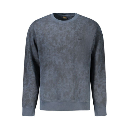Hugo Boss Blue Cotton Men Sweater featuring long sleeves and elegant embroidery, adding luxury to a modern man's wardrobe. Comfortable and stylish.