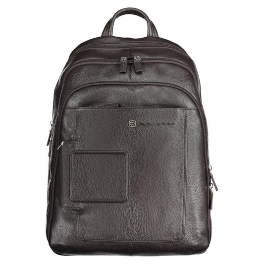 Piquadro brown leather men's backpack with adjustable straps and laptop compartment.