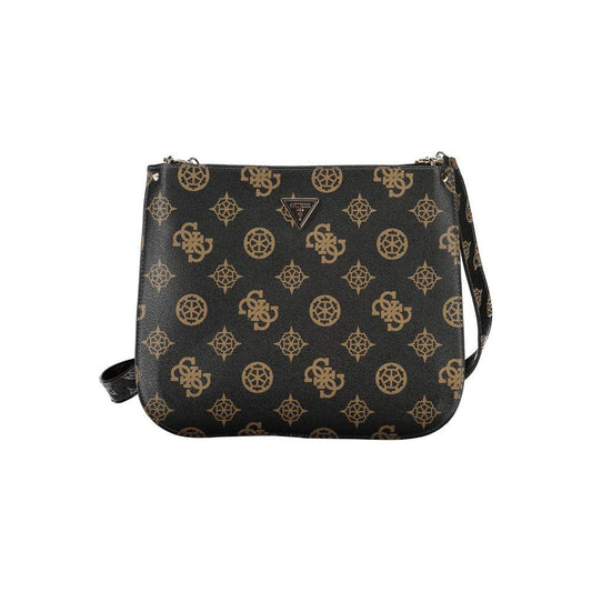 Guess Jeans brown polyethylene handbag with adjustable strap, zip closure, and logo design. Features contrast details and one internal pocket.