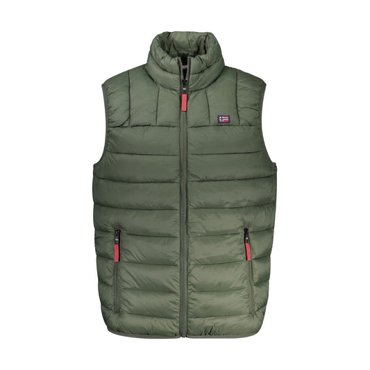 Norway 1963 green polyamide sleeveless jacket with contrasting details, zipper closure, logo, and multiple pockets.