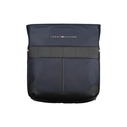 Tommy Hilfiger blue polyester men's shoulder bag with adjustable strap, two external pockets, internal pocket, and iconic logo