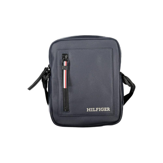 Tommy Hilfiger blue polyethylene men's shoulder bag with adjustable strap and zip closure, featuring iconic logo and urban design.