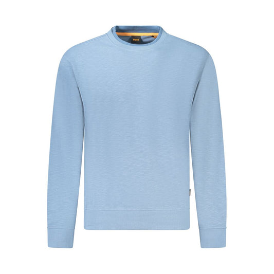 Hugo Boss Blue Cotton Men Sweater with long sleeves and iconic logo, showcasing a stylish crew neck design and luxurious cotton material.