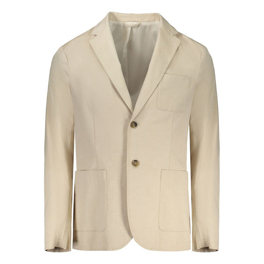 Beige cotton jacket by Guess Jeans featuring classic long sleeves, two buttons, multiple pockets, and logo detail.