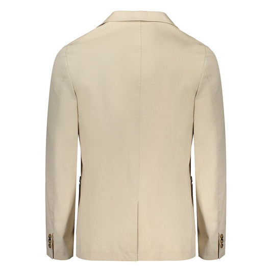 Back view of Guess Jeans beige cotton jacket with classic long sleeves, two pockets, small pocket, internal pocket, and two buttons.