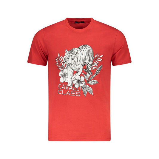 Cavalli Class red cotton men's T-shirt with bold tiger print and logo, offering luxury style and comfort for fashion-forward individuals.