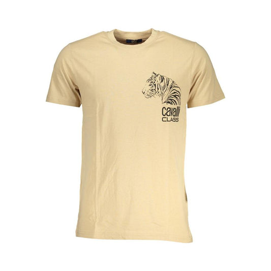Cavalli Class beige cotton T-shirt with short sleeves, crew neck, tiger print, and logo.