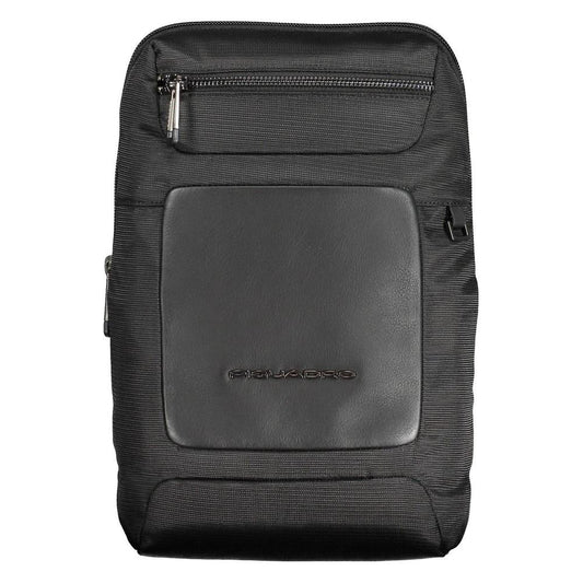 Piquadro black recycled polyethylene men's shoulder bag with eco-friendly design and elegant style, featuring external pockets.