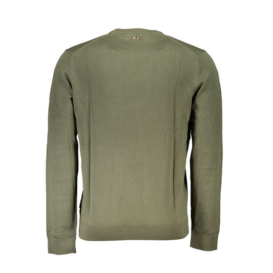 Back view of Napapijri green cotton men's sweater with crewneck and signature embroidery.