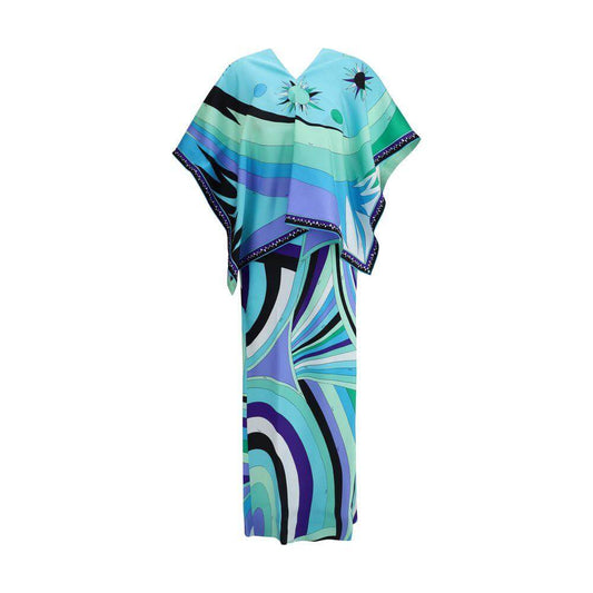 Emilio Pucci Iride print long dress with cape featuring colorful swirls and an elegant silhouette.