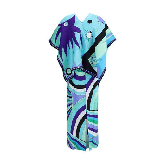 Emilio Pucci Iride print long dress with cape in vibrant blues and purples, featuring a dynamic silhouette and iconic swirl pattern.