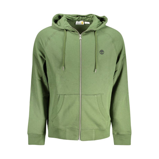 Green Timberland men's cotton sweater with zipper, dual pockets, and embroidered logo; perfect for casual wear.