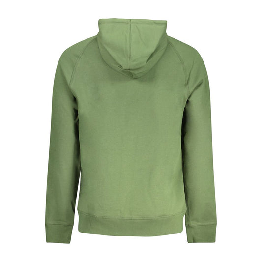 Back view of Timberland green cotton men’s sweater with hood and long sleeves, showcasing casual comfort and style.
