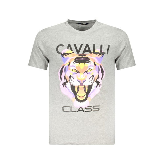 Cavalli Class gray cotton men's T-shirt with bold tiger print and logo, short sleeves, crew neck, contemporary and luxurious design.