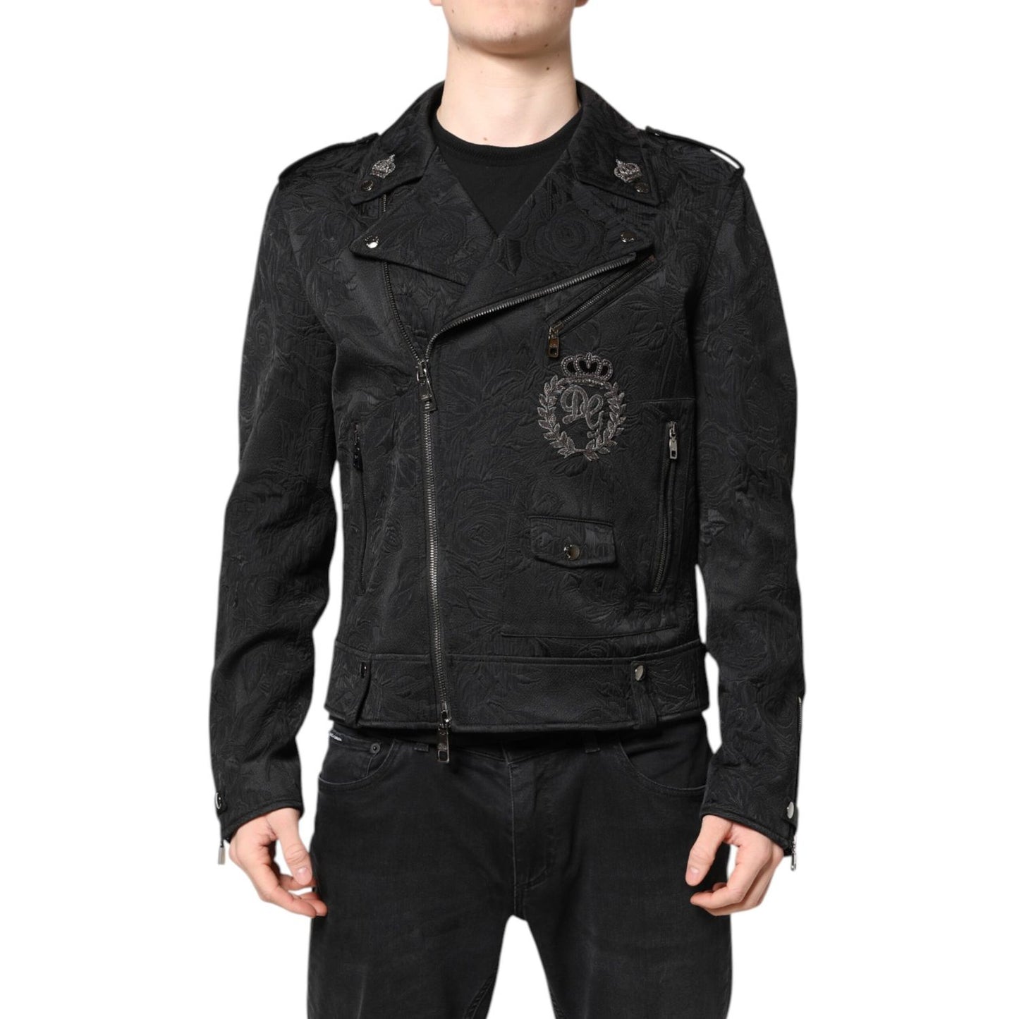 Dolce & Gabbana Black Brocade Cotton Full Zip Biker Jacket