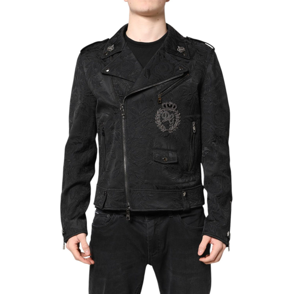 Dolce & Gabbana Black Brocade Cotton Full Zip Biker Jacket