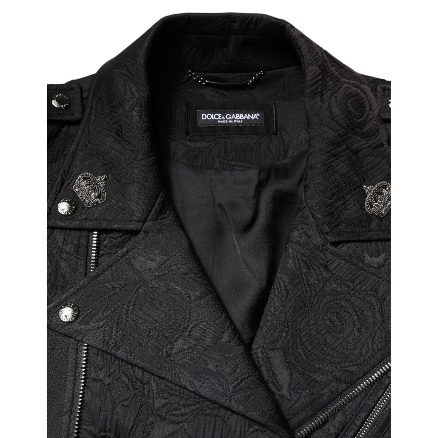 Dolce & Gabbana Black Brocade Cotton Full Zip Biker Jacket