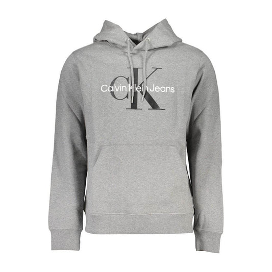 Calvin Klein gray cotton men's sweater with hood and central pocket, featuring bold logo print, ideal for modern casual style.
