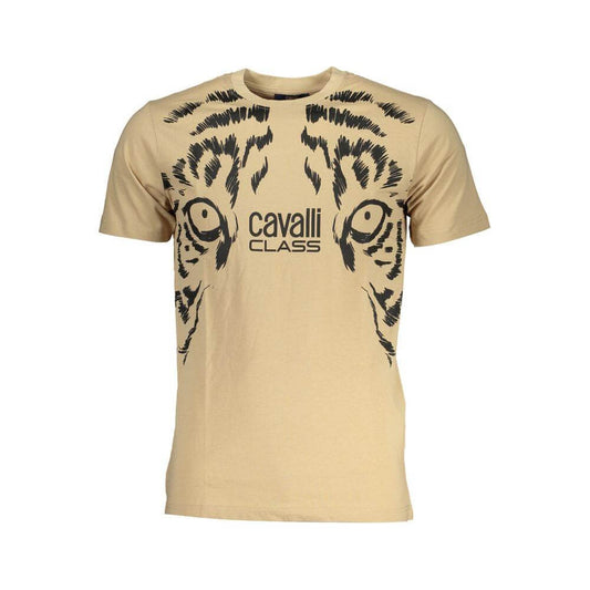 Cavalli Class beige cotton t-shirt with short sleeves, crew neck, animal print design, and logo on front.