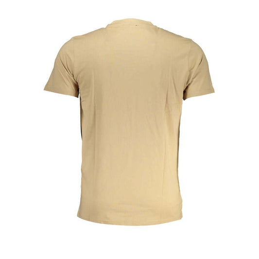 Back view of Cavalli Class beige cotton t-shirt, short-sleeved with crew neck, featuring a logo print.