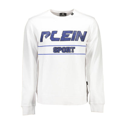 Plein Sport White Cotton Men Sweater with logo on front, long sleeves, crew neck, fashion-forward design for bold style statement.