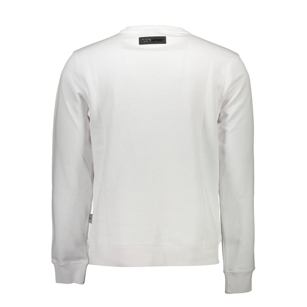 Back view of Plein Sport White Cotton Men Sweater showcasing sleek long sleeves and classic design.