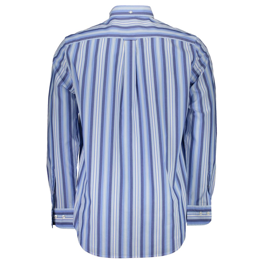 Back view of Gant Blue Cotton Men Shirt with striped pattern, long sleeves, and button-down collar.