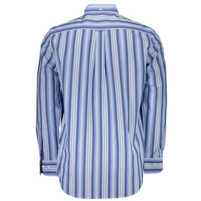 Back view of Gant Blue Cotton Men Shirt with striped pattern, long sleeves, and button-down collar.
