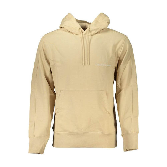 Calvin Klein Beige Brushed Cotton Hooded Sweatshirt with central pocket and logo, perfect for casual outings or relaxed evenings.