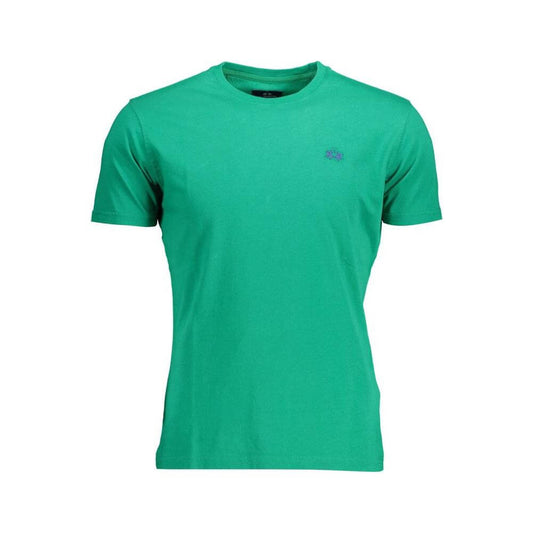 La Martina green cotton men's T-shirt with short sleeves and embroidered logo, perfect for casual wear.