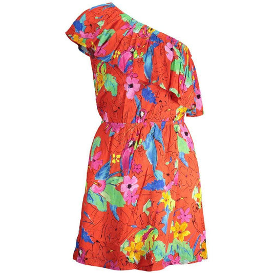 Desigual red viscose one-shoulder floral dress for women with elastic waist and colorful design, featuring the brand logo.