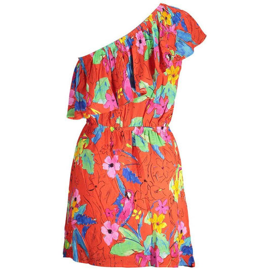 Desigual red viscose one-shoulder dress with floral print and elastic waist, bold fashion style