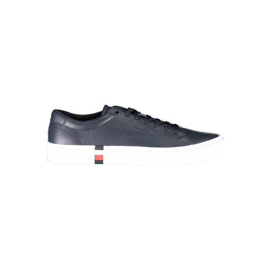 Tommy Hilfiger blue leather men's sneaker with white sole and signature logo, combining style and eco-conscious design.
