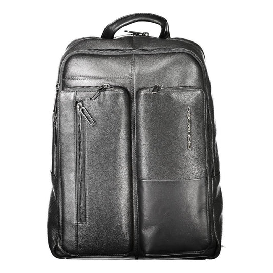 Piquadro black leather men's backpack with contrasting details and logo, featuring multiple pockets and laptop space for urban commuters.