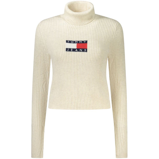 Tommy Hilfiger beige turtleneck sweater for women, long sleeve with logo embroidery, made from recycled polyester blend.