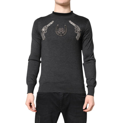 Dolce & Gabbana Gray Embroidery Knit Men Pullover Sweater