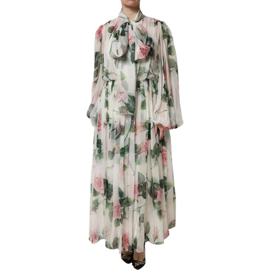 Dolce & Gabbana white floral roses silk maxi dress with elastic sleeves and ribbon neckline.