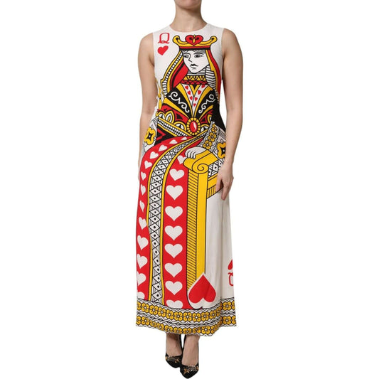 Dolce & Gabbana white sleeveless maxi dress with Queen of Hearts print, crafted from silk and elastane, made in Italy.