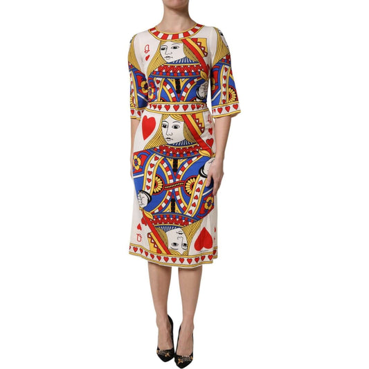 Dolce & Gabbana White Queen of Heart Silk Midi Dress with Short Sleeves, Exclusive Italian Craftsmanship