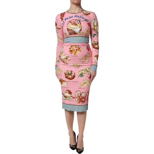 Dolce & Gabbana pink pastry print bodycon sheath midi dress with long sleeves and zipper closure, made of silk and elastane.