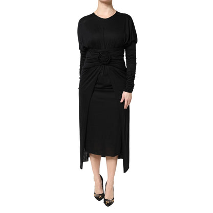 Dolce & Gabbana Black Wool Long Sleeves Sheath Midi Dress