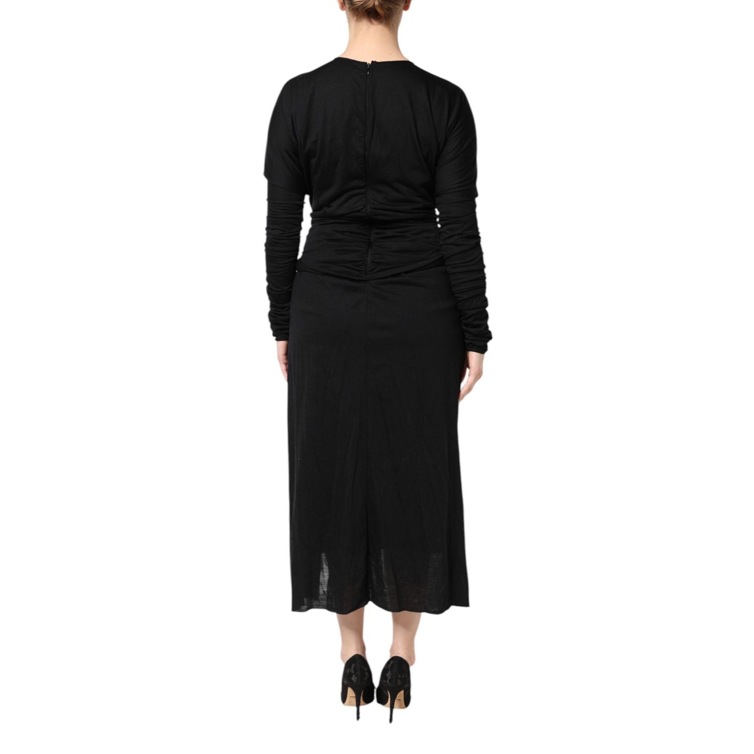 Dolce & Gabbana Black Wool Long Sleeves Sheath Midi Dress