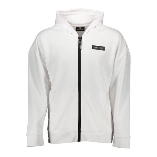 Plein Sport white cotton men's sweater with hood, zip closure, and dynamic details for a chic sport-luxe look.