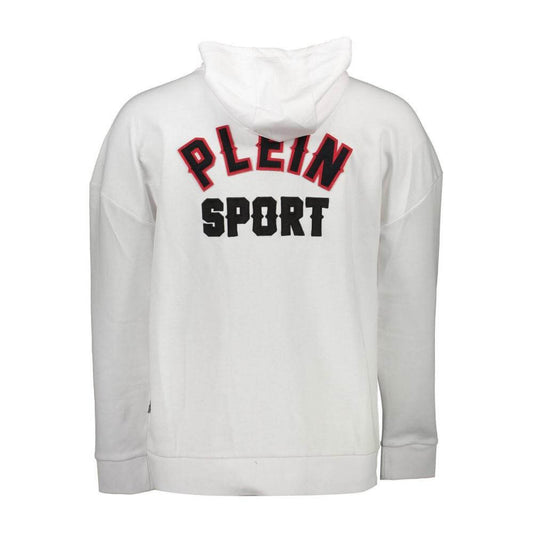 Plein Sport white cotton men's sweater with hood, bold logo on back, long sleeves, zip closure, embodying sport-luxe style.