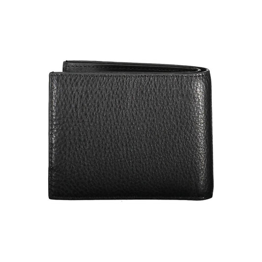 Calvin Klein black leather men's wallet with RFID protection, featuring multiple card slots and a zip coin purse for modern luxury.
