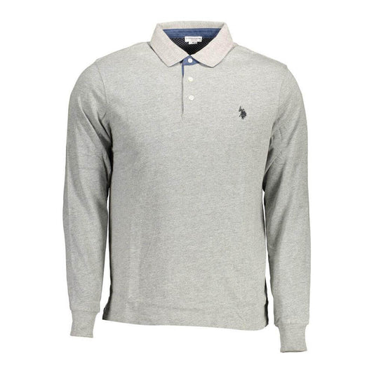 U.S. POLO ASSN. gray cotton men’s polo shirt with embroidery, long sleeves, and contrasting collar detail, casual elegance.
