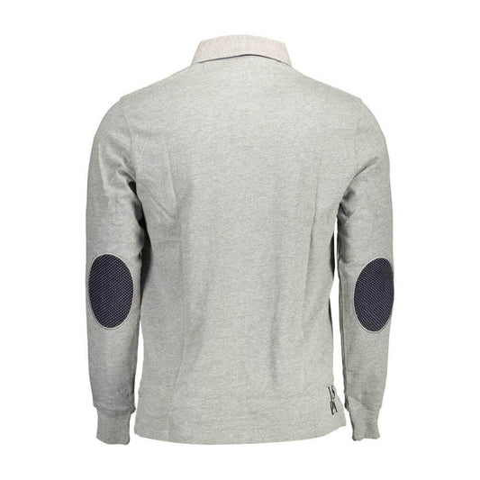 Gray U.S. POLO ASSN. cotton men's polo shirt with elbow patches, back view. Casual elegance and modern style for fashion enthusiasts.
