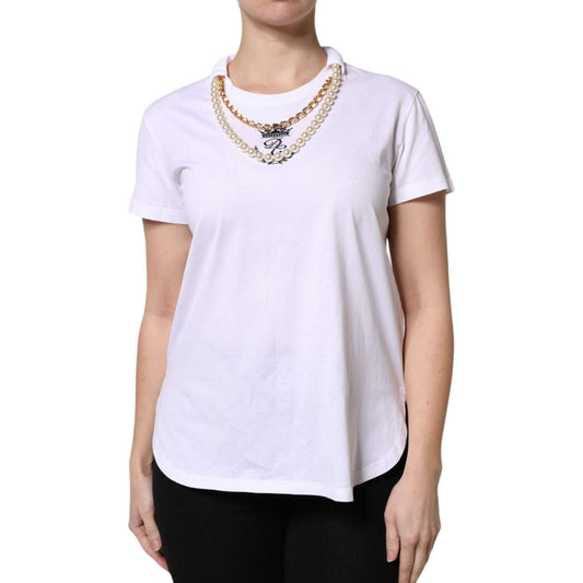 Dolce & Gabbana white cotton T-shirt with chain and pearl detail, round neck, exclusive design, made in Italy.