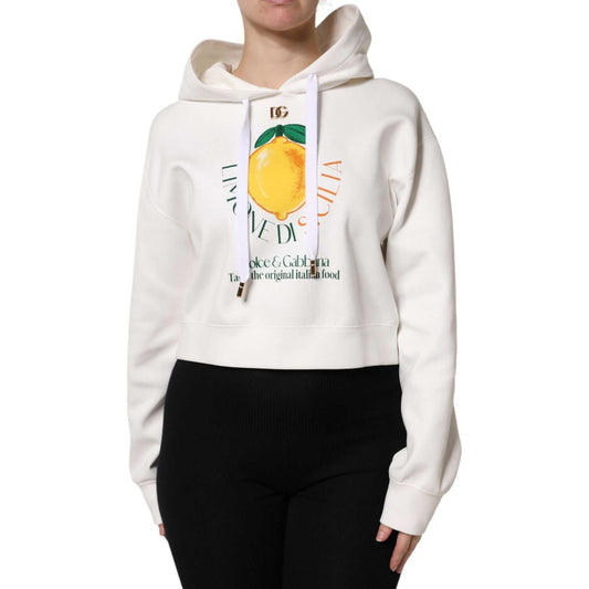 Dolce & Gabbana ivory cotton hooded pullover sweater with lemon print, logo details, made in Italy.